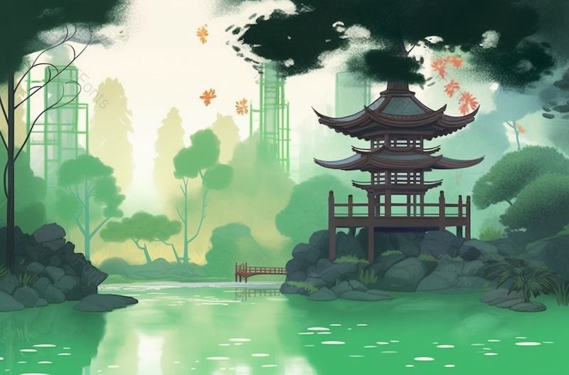 新中式绿色水塘边的亭子,插画/手绘图,插画/手绘图库,插画/手绘图下载,插画/手绘
